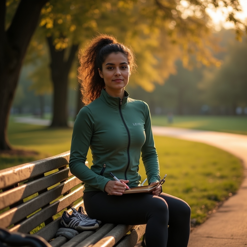 Person journaling their fitness goals outdoors on a sunny morning with running shoes beside them
